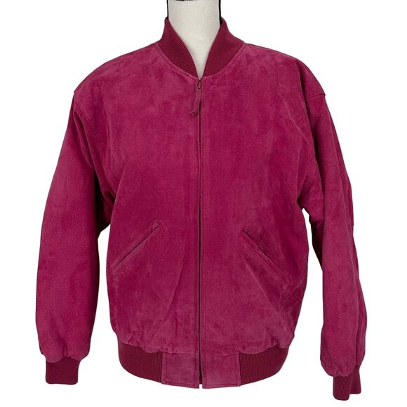 Vintage Jackets & Blazers - Vintage Mixed Blues Leather Bomber Jacket Barbie Pink Floral Lining Retro Small